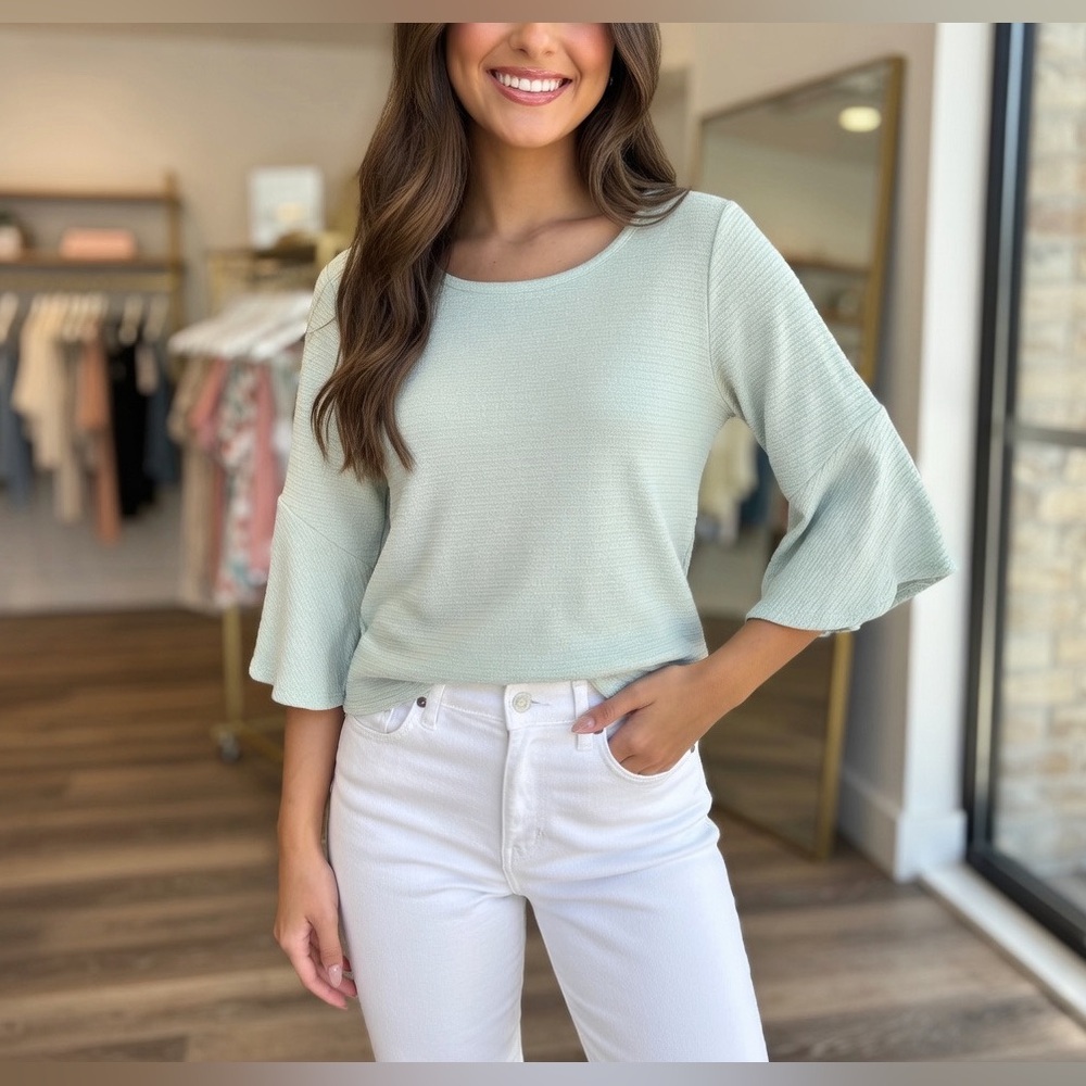 Tahari Light Teal Blouse with Flared Sleeves